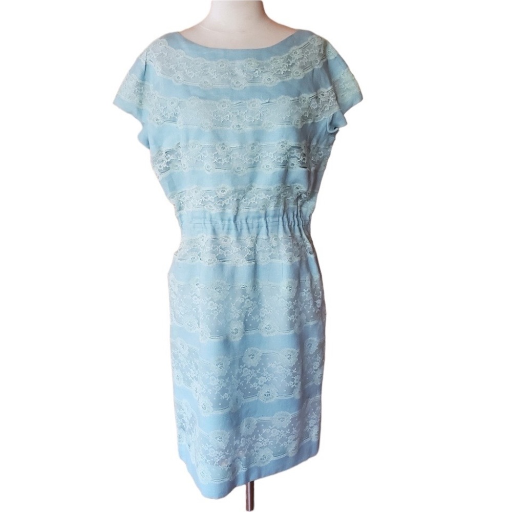 Vintage Makoff Light Blue‎ & Lace Linen Dress